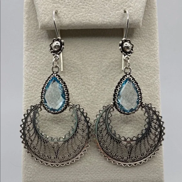 Hand Crafted Sterling Silver Blue Topaz Gemstone Earrings Pierced - Picture 2 of 12